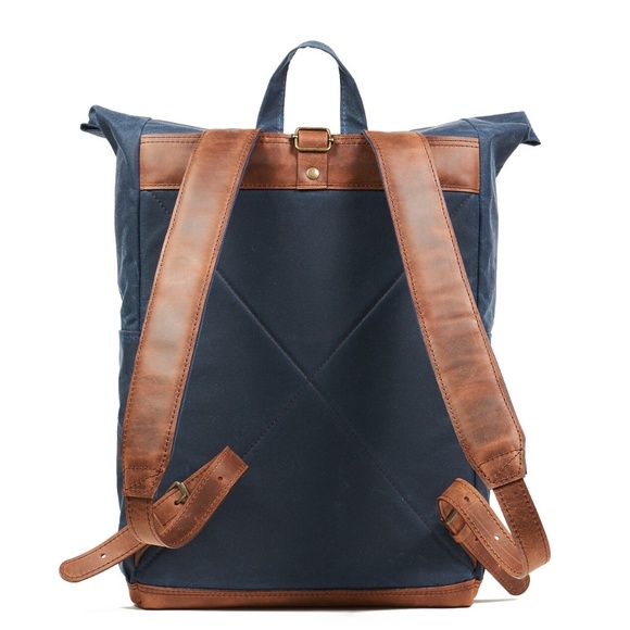 Unisex navy blue waxed cotton and tan leather straps backpack - Picture 12 of 12